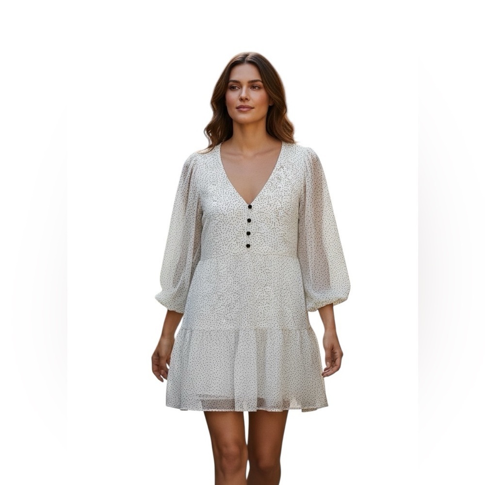 Trixxi Polka Dot Tiered Babydoll Dress White Black Long Sleeve Size S
